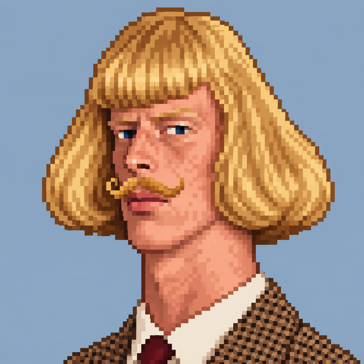 Original pixel art portrait of Pixel Jean, with a golden bob, curled moustache and tweed jacket